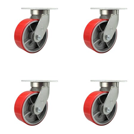 Service Caster 8'' Extra Heavy Duty Red Poly on Cast Iron Wheel Swivel Caster , 4PK CRAN-SCC-KP92S830-PUR-RS-4